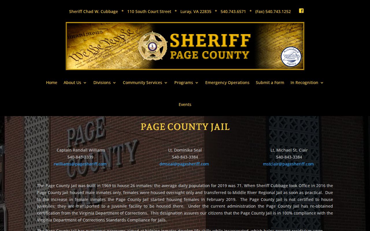 Page County Jail release contact information