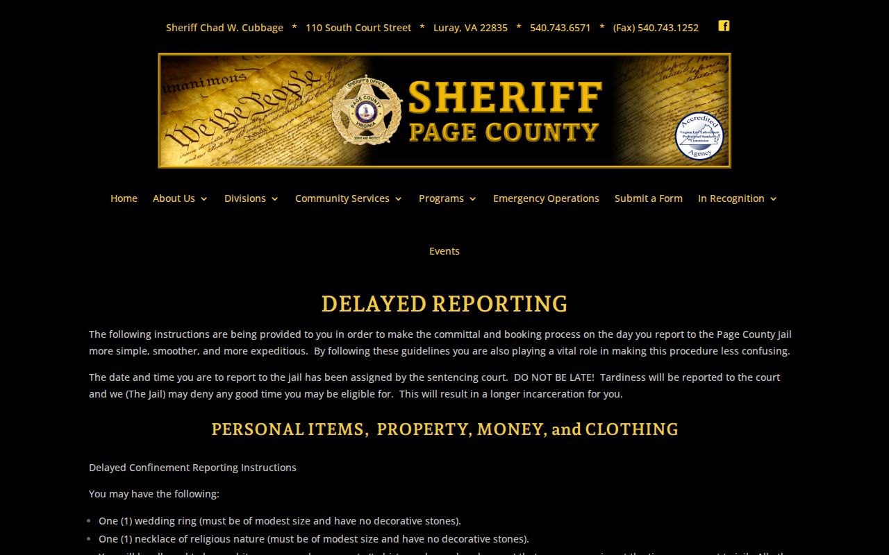 Page County delayed reporting instructions affecting good time and projected release date